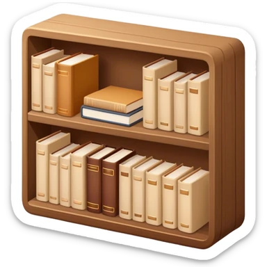 wooden bookshelf filled with beige books, cozy vibe, isometric sticker