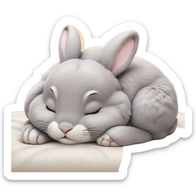 Meme-Worthy Cute Sleeping Grey Rabbit Portrait Emoji, Head resting peacefully with a contented smile, showcasing a delightfully compact build and a luxuriously soft grey fur, eyes shut in a serene nap, Simplified yet hilariously adorable features, highly detailed, glowing with a soft, drowsy light, high shine, relaxed and utterly lovable, stylized with an air of playful laziness, bright and heartwarming, soft glowing outline, capturing the essence of a comically sleepy bunny, so meme-worthy it feels like it could instantly become the next viral sensation of adorable slumber! sticker
