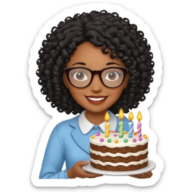 A Black woman with curly black hair and glasses holding a birthday cake sticker