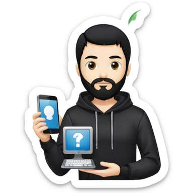 hackeur blanc cheveux noir barbe et capuche noir à côté d'un server sticker