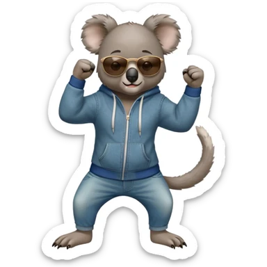 anthropomorphised koala, full body, wearing a hoodie and jeans, dark sunglasses, shaking fist in a different pose sticker
