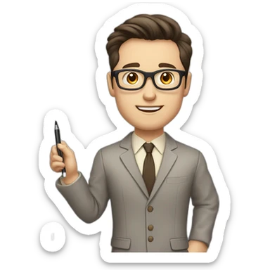 Pale skinned fit man with dark brown hair in gray jacket, beige office shirt, brown tie, brown pants and vintage glasses Writing on the marker board sticker