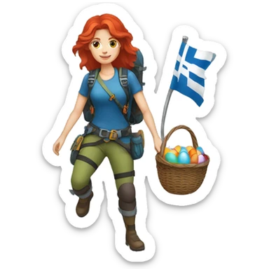 Female mountaineer red hair climbing with Greek flag and holding Easter eggs basket sticker