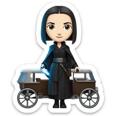 Wednesday Addams Jedi bounty hunter driving a modern blue and pewter steampunk electric wagon sticker