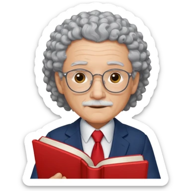 elderly male, curly hair, holding book, wearing suit sticker