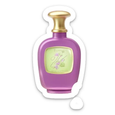 Aesthetic display of blush violet nasturtiums, an elegant deep pink perfume bottle, and a vintage love violet letter written in flowing script. sticker
