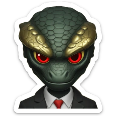 Reptiloid in black suite with red laser eyes on the gold coin sticker