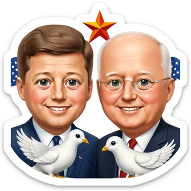 John F. Kennedy and Mikhail Gorbachev side by side, smiling, friendly diplomatic atmosphere, small peace symbol and doves, US and USSR flags as accents sticker
