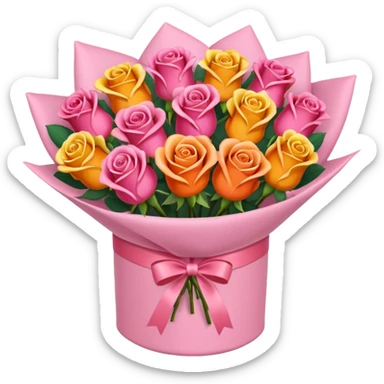 pink Bouquet of red orange pink yellow roses in package sticker