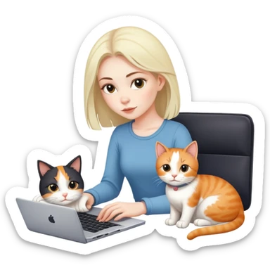 A girl is working on a laptop with a cat lying next to it sticker
