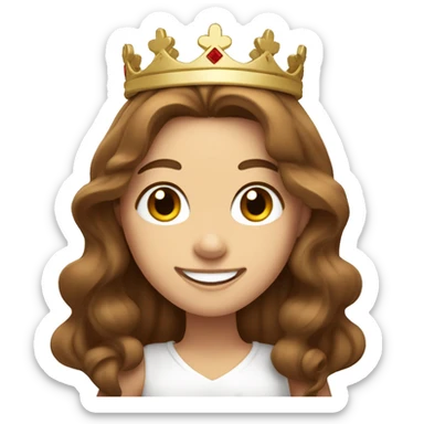 a white girl with brown wavy long hair, brown eyes and smiling wearing a crown, holding thumbs up sticker
