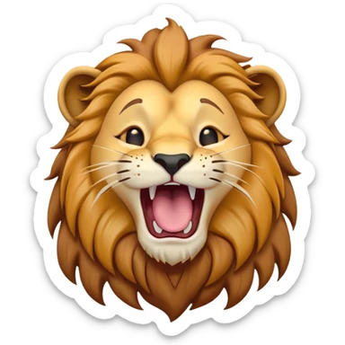 Cinematic Cute Yawning Lion Portrait Emoji, Head tilted slightly with a dramatic, wide-open yawn, showcasing a soft, downy tawny Fur with a majestic mane, floppy ears slightly drooping, round amber eyes barely open in drowsy contentment, Simplified yet irresistibly adorable features, highly detailed, glowing with a soft, cozy glow, high shine, relaxed yet expressive, stylized with a touch of savannah whimsy, bright and endearing, soft glowing outline, capturing the essence of a sleepy yet affectionate lion, so drowsy it feels like it could stretch out of the screen and curl up for a nap! sticker