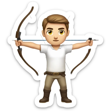 a male archer aiming with a bow facing  his target, eyes closed, wearing a white shirt, very short brown hair, bright skin, only show upper part of the body from waist up sticker