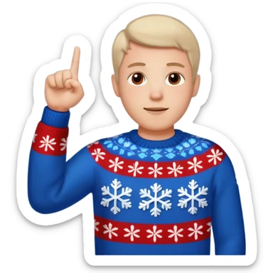 A guy pointing up with one hand and he has a christmas sweater with snowflakes in it sticker