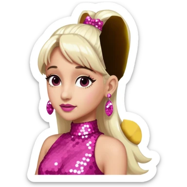 Ariana Grande with long white blonde ponytail hair, dark pink sequin dress, pink earrings sticker