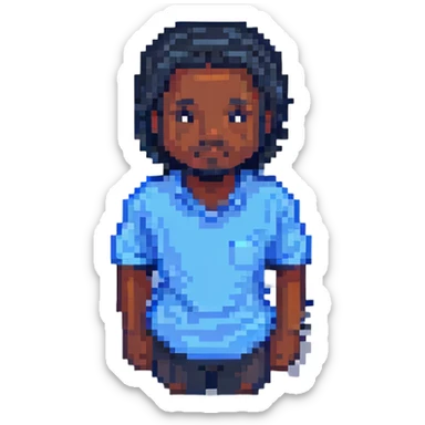 pixel emoji black man, pixel art style, black skin tone, pixelated, 8-bit, wearing a blue shirt sticker