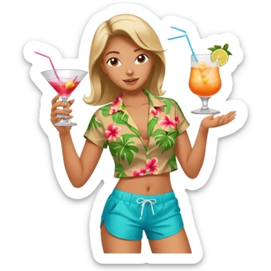 human female Unbuttoned Hawaiian shirt, swim trunks, shaking a cocktail shaker (sparks flying) sticker