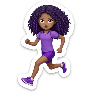 Uma boneca morena escura com olhos castanhos e cabelo cacheado longo preto até o peito, treinando correndo a roupa top até o meio da barriga roxo com detalhes preto e short roxo com detalhes preto sticker