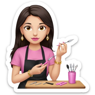 Fille cheveux long châtain foncé, peau beige type européen yeux marron, teeshirt rose avec un tablier noir, piercing au nez anneau doré, boucle d’oreille type diamant doré. Elle fait les ongles nail artiste sticker