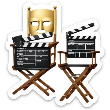 Icon for Acting: a theatrical mask, stage lights, a director’s chair, a script, a vintage film camera and a clapperboard, representing the craft of acting in theater and film. The design should reflect creativity, performance, and storytelling. Transparent background. sticker
