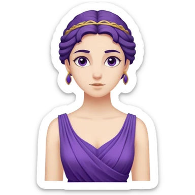 Jeune femme en robe violette style Grèce antique, expression malicieuse, inspirée d’un dessin animé mythologique sticker
