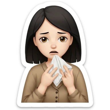 a pretty bratz fair girl wearing a brown pajamas, dark circles, crying, holding tissues. black hair sticker