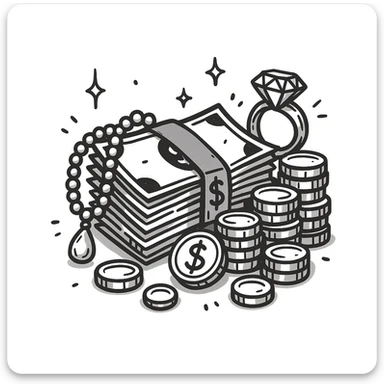 Make the stack of money look richer, add gold coins, jewelry, and a luxurious feel. The original style is doodle style, but doodle style does not support editing, so please keep the luxurious feel consistent with doodle style. sticker