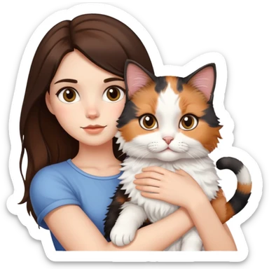Brunette girl holding a fluffly calico cat  sticker