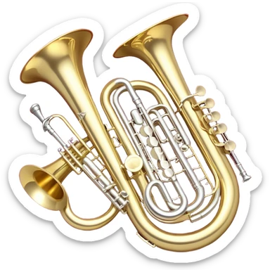 Create a festive and elegant emoji collage featuring a bouquet or fan of brass instrument bells (trumpets, saxophones, trombones, tubes, etc.) arranged in a radiant, symmetrical pattern. The instruments should have polished, golden and silver finishes, with their large, shiny bells forming a beautiful, fan-like display. Include a flowing ribbon of musical notes swirling through the center, conveying movement and melody. The background should feature a deep red velvet texture, adding a touch of luxury and sophistication. The overall composition should be balanced, with an elegant and regal feel, with a transparent background to keep focus on the instruments and musical elements. sticker