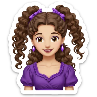 Femme aux cheveux longs et bruns, attachés en une queue-de-cheval haute et bouclée. Une mèche retombe sur son front. Elle porte une robe violette de style antique et a un sourire espiègle. sticker