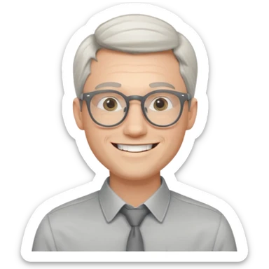 30 yr old pale white man, white/grey side swept stylish hair, round glasses, big smile, white teeth, handsome, longer hair, thin glasses, dress shirt sticker