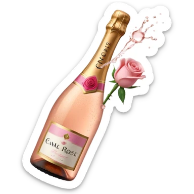 bottle of sparkling rosé champagne with a rose logo on the label, with the cork popping out from the top, tilted up and to the left, no glass sticker