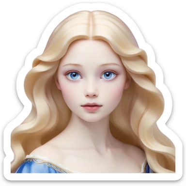 Cinematic Realistic Sleeping Beauty (Aurora) Portrait, with porcelain-like skin featuring a natural rosy flush, illuminated by soft lighting that highlights the gentle contours of her face. Her golden blonde hair flows in soft, detailed waves with subtle highlights that shimmer in the light. Her deep violet-blue eyes radiate warmth and innocence, framed by arched brows and long lashes. With a soft, serene smile, she holds a delicate rose gently in one hand, her other hand resting lightly by her side. She is dressed in her classic pink gown, the fabric rich in texture with delicate folds that catch the light. A golden crown rests atop her head, gleaming with royal refinement. The portrait captures a soft, glowing aura, blending realism with an ethereal sense of beauty and timeless enchantment. sticker