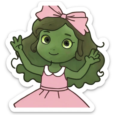 brown girl with long brown curly hair and bows in her hair waving wearing pink  sticker