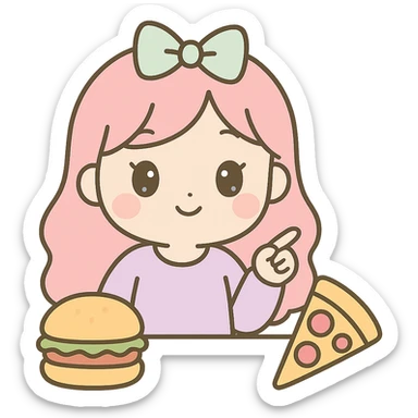Make the woman have longer hair, wear a pastel purple shirt, and a pastel bow on top of her head, similar to the provided reference image. She is pointing at a pizza in front of her, with a hamburger also in front of her. Keep the kawaii chibi anime style, flat pastel colors, thick outlines, simple cute features, and transparent background. sticker