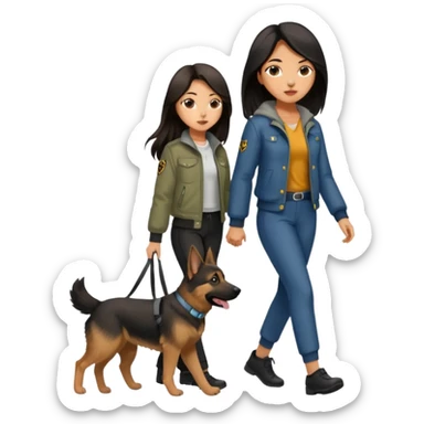 A girl with rather long brown-black hair is walking her German Shepherd. She's dressed very nicely in cute pants and a stylish jacket. sticker