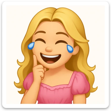 Edit the image to depict a long-haired blonde with swamp eyes wearing a pink pastel dress, in the style of iOS emoji. Match all features from the reference image but change the emotion to laughing. sticker