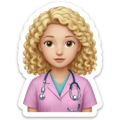 Apple-style emoji of a young woman with long, soft blonde curly hair, wearing light pink medical scrubs

 sticker