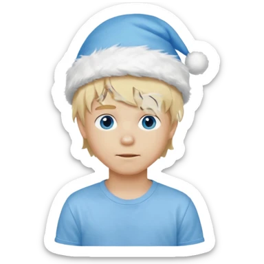 create boy blonde hair long messy, light eyes, white t shirt, rich, long hair, eyes blue, acessory head cristimas blue hat, fluffy hair sticker