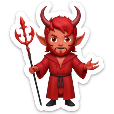 Full body 3D Memoji male devil in a dark robe, holding a trident symmetrically with both hands centrally. Red skin, horns, solid background. sticker