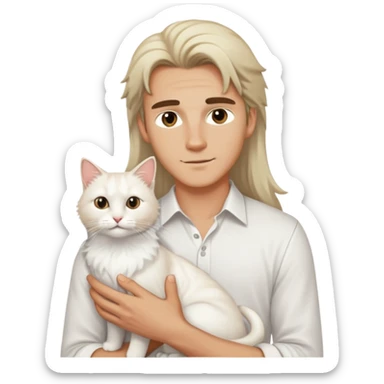 A young handsome Caucasian man in a white shirt holding a long-haired white cat and a beautiful girl holding a white cat sticker