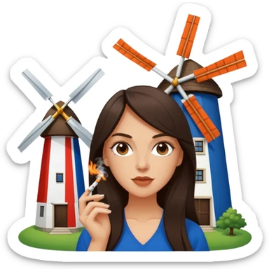 Windmill with on the top of the building a dutch flag and a white girl with long dark brown hair smoking a joint without filter. sticker