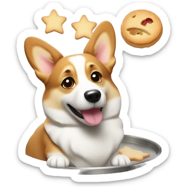 Welsh corgi baking cookies, with flour on its nose and a tray of star-shaped treats sticker