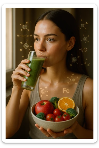A highly realistic, cinematic portrait of a young woman in her late 20s with glowing, clear, healthy skin and a vibrant scalp with strong, shiny hair, symbolizing internal health reflecting outward. She has a calm, confident expression while sitting by a window with warm daylight softly illuminating her face, highlighting smooth, hydrated skin with a natural glow. Her hair appears clean, full, and strong, indicating a healthy scalp and balanced sebum production. She is drinking a glass of green smoothie rich in antioxidants and holding a bowl of colorful fruits and vegetables, symbolizing how internal nutrition supports skin and scalp health. Subtle, softly glowing overlays of molecular symbols for vitamins, minerals, and hydration molecules gently swirl around her, visually representing the concept of beauty and skin health from the inside out. Style: 35mm hyperrealistic film look, warm tones, soft depth of field, focusing on clear skin texture, healthy scalp, and vibrant hair to inspire holistic wellness sticker