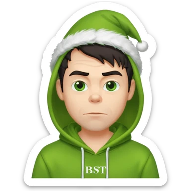 Create an avatar of white European with dark hair  male in hoodie with ``BST`` letters on it. Make background to look like from movie Grinch sticker