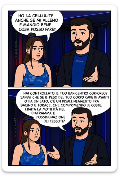 TRASFORMA QUESTO CAROSELLO IN UN FUMETTO CON QUESTE DUE PERSONE IDENTICHE CHE INTERLOQUISCONO TRA LORO:

LEI: Ho la cellulite anche se mi alleno e mangio bene, cosa posso fare?

LUI: Hai controllato il tuo baricentro corporeo?
Sapevi che se il peso del tuo corpo cade in avanti o da un lato, c’è un disallineamento fra bacino e torace, che comprimendo le coste, limita la motilità del diaframma e l’ossigenazione dei tessuti?
Il mio è il primo e unico percorso che lavora sugli inestetismi con un lavoro mirato sul baricentro corporeo. sticker