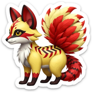 Futuristic sanguine-red banana-yellow black chevron-marked furry fluffy floofy feathery tribal marked Genet-Absol-Kyurem-Zeraora-Primagen-fusion-creature  sticker