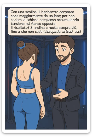 fai questa immagine in versione manga/webtoon a colori con stile di disegno carino e moderno, il manga mostra la donna di spalle, mentre l'uomo le tocca la spina dorsale per spiegarle come funziona la scoliosi:
Con una scoliosi il baricentro corporeo cade maggiormente da un lato; per non cadere la schiena compensa accumulando tensione sul fianco opposto.
Il risultato? Si inclina e ruota sempre più, fino a che non cede (discopatie, artrosi, ecc) sticker