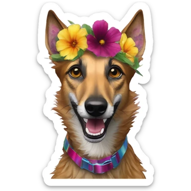  brindle brown black maroon striped lurcher Alsatian fox running blue eyes and iridescent holographic oilslick harness wearing paper iridescent tropical flower crown yellow caution tape sticker