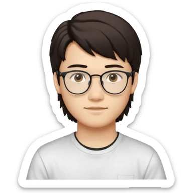 iOS-style emoji
Young man, about 18 years old, with slightly masculine features.
 Slightly Asian eyes, light skin tone, friendly and expressive face.
Accessories and details: Glasses, very dark brown hair, mullet style (short, structured).
Background and clothes: White background and white t-shirt. sticker